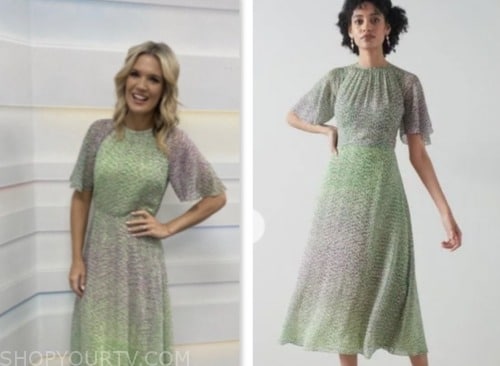 good morning britain, charlotte hawkins, green and purple printed midi dress