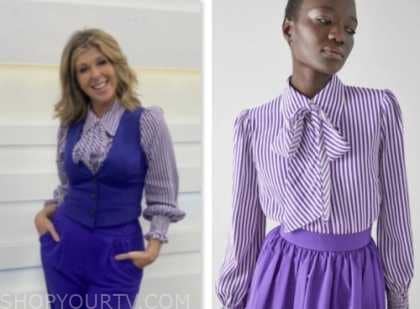 kate garraway, good morning britain, purple striped tie neck blouse