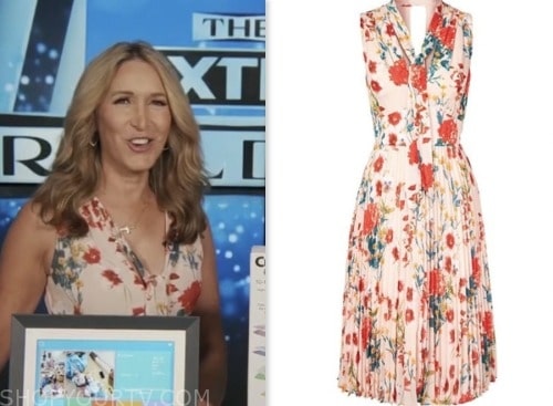 Alison Deyette, extra, pink floral tie neck pleated dress