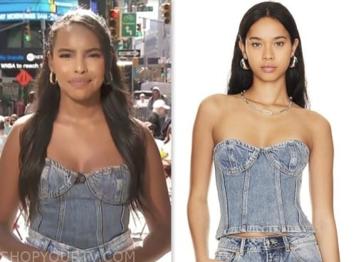 mona kosar abdi, extra, denim corset bustier top