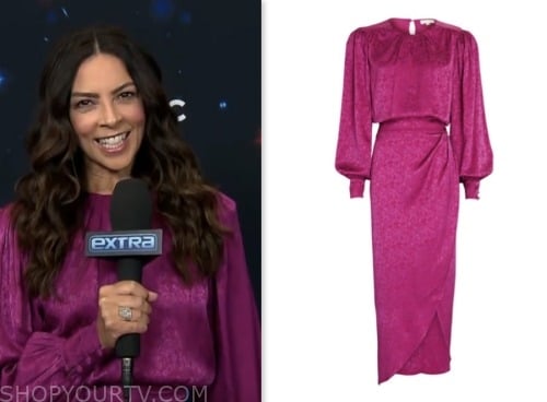 terri seymour, extra, pink floral jacquard satin midi dress