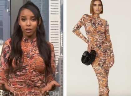mona kosar abdi, orange printed ruched dress, extra