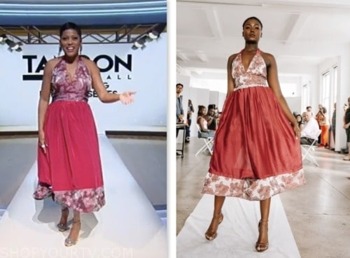 tamron hall show, tamron hall, red brocade floral halter convertible dress