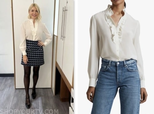 this morning, holly willoughby, white ruffle trim silk blouse