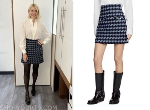 holly willoughby, this morning, blue houndstooth tweed mini skirt