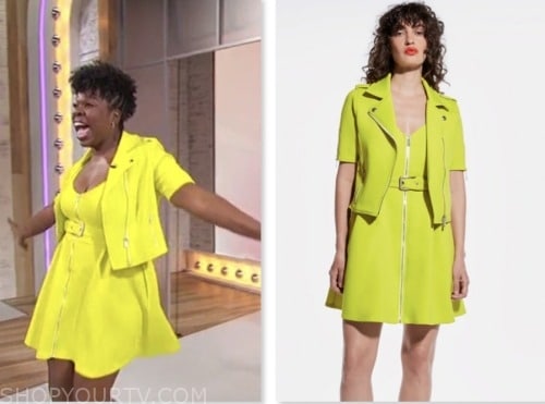 leslie jones, lime green leather jacket and dress, sherri