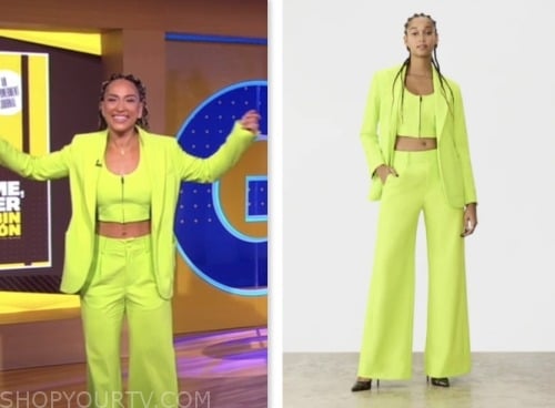 Robin Arzon, good morning america, lime green blazer, vest and pant suit