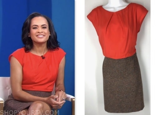 good morning america, red top and tweed skirt, linsey davis