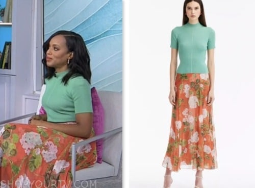 the today show, green knit top, orange floral skirt, kerry washington, hoda and jenna