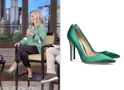 kelly ripa, live with kelly and mark, green satin heels