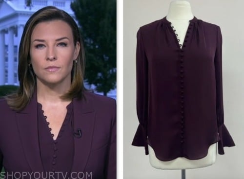 mary bruce, good morning america, burgundy purple button up silk blouse