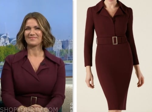 susanna reid, good morning britain, burgundy plum belted pencil dress