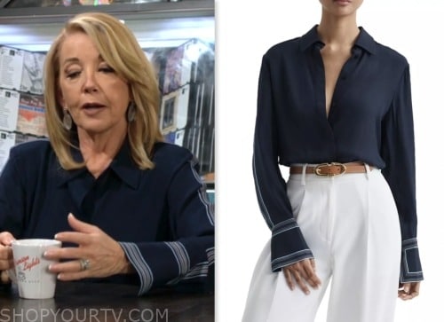 nikki newman, melody thomas scott, blue contrast stripe blouse, the young and the restless