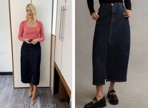 holly willoughby, this morning, dark denim midi skirt