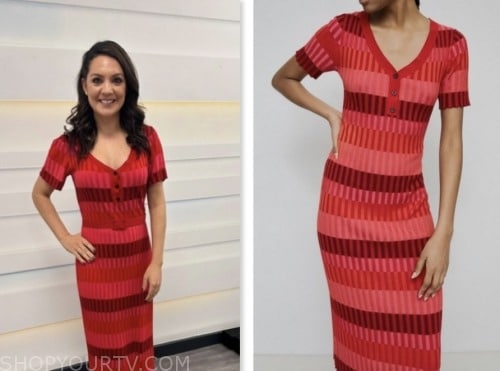 laura tobin, good morning britain, red striped knit dress