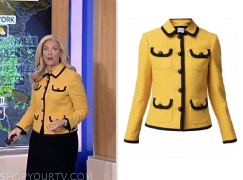 janice dean, fox and friends, fox news fashion, yellow contrast trim tweed jacket