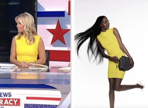 ainsley earhardt, fox and friends, yellow asymmetric neckline sheath dress