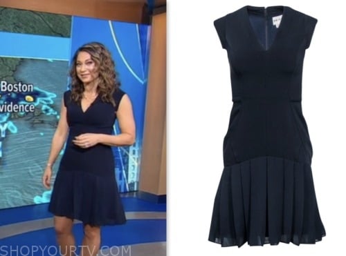 ginger zee, good morning america, navy blue pleated dress