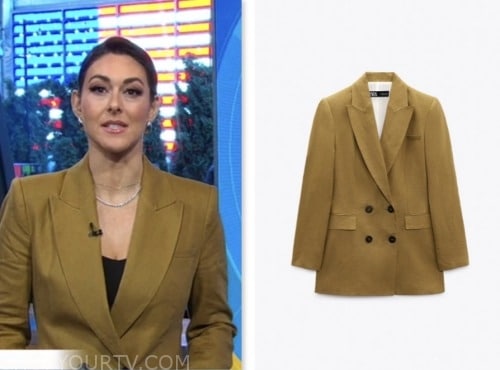 good morning america, erielle reshef, tan linen double breasted blazer