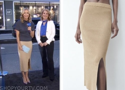 lara spencer, good morning america, gold metallic knit slit midi skirt