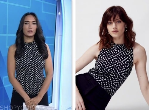 the today show, emilie ikeda, black and white printed sleeveless knit top