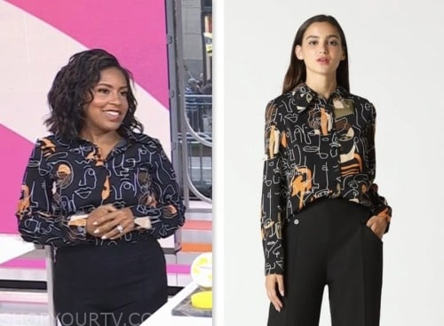 the today show, sheinelle jones, black printed shirt
