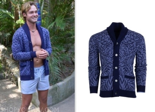 Sean McLaughlin, bachelor in paradise, blue printed cardigan