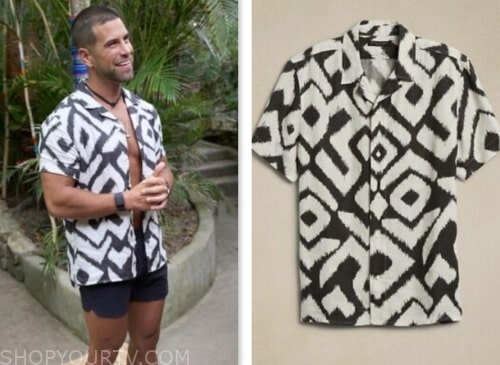 blake moynes, bachelor in paradise, black and white ikat printed shirt