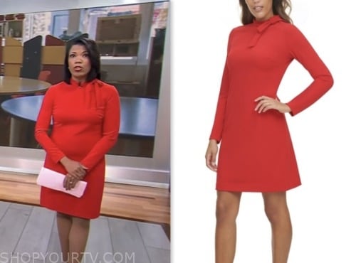 nikole killion, cbs mornings, red tie neck shift dress