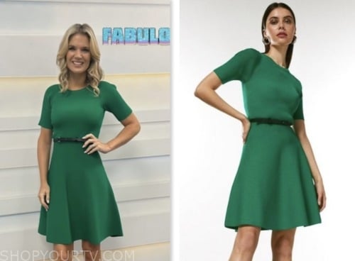 charlotte hawkins, good morning britain, green knit belted flare dress