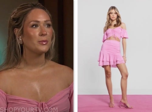 rachel recchia, bachelor in paradise, pink crop off the shoulder top