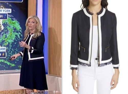 janice dean, fox and friends, fox news fashion, navy contrast trim lace jacket