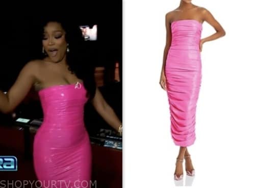 keke palmer, extra, pink ruched strapless dress
