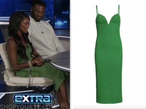 extra, green textured midi dress, charity lawson