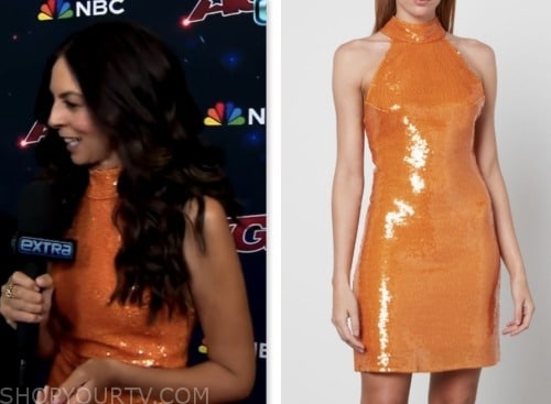 Terri Seymour, extra, orange sequin halter mini dress