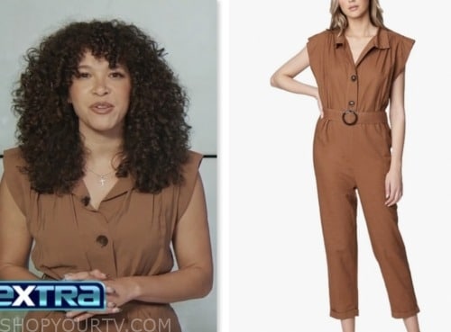 megan ryte, extra, brown linen belted jumpsuit