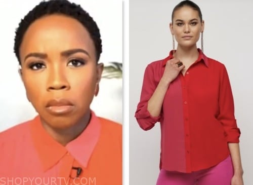 Zinhle Essamuah, nbc news daily, red and pink colorblock silk shirt
