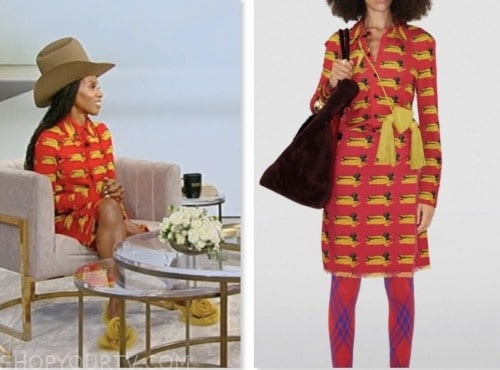 June Ambrose, tamron hall show, red and yellow duck print shirt and skirt dress