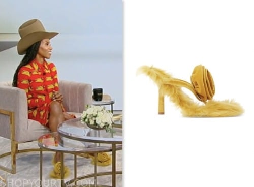 June Ambrose, tamron hall show, yellow rose shearling velvet sandals heels