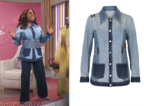 sherri shepherd, sherri, denim patchwork shirt jacket