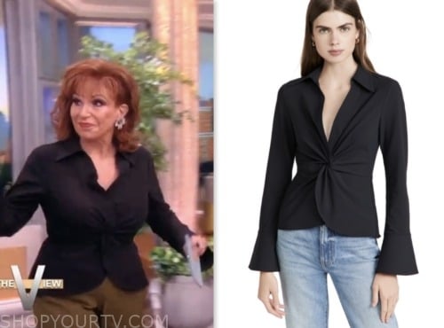 the view, joy behar, black twist front shirt