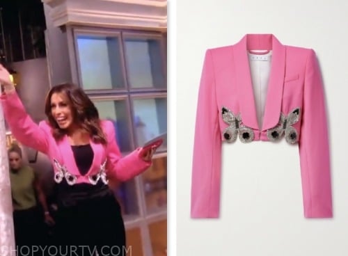 the view, alyssa farah griffin, pink butterfly embellished cropped blazer jacket