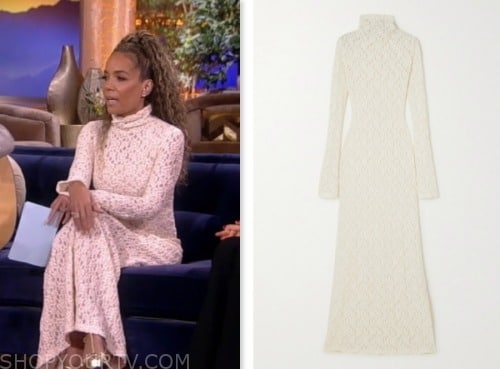 sunny hostin, the view, white crochet lace turtleneck maxi dress