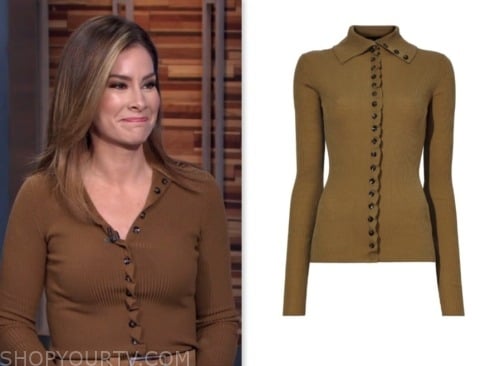 rebecca jarvis, brown ruffle detail cardigan, good morning america