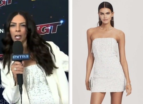 Terri Seymour, white fringe embellished mini dress, extra