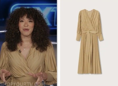 megan ryte, extra, gold pleated belt dress