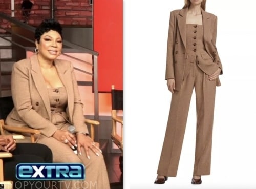 Chanel Scott, extra, brown houndstooth blazer, vest, and pant suit