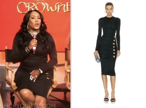 vivica a. fox, black ruched long sleeve cutout dress, extra