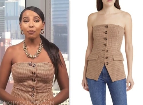 mona kosar abdi, brown houndstooth bustier top, extra