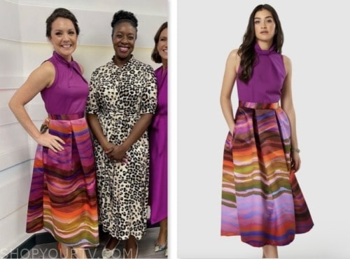 good morning britain, purple top and striped skirt, laura tobin